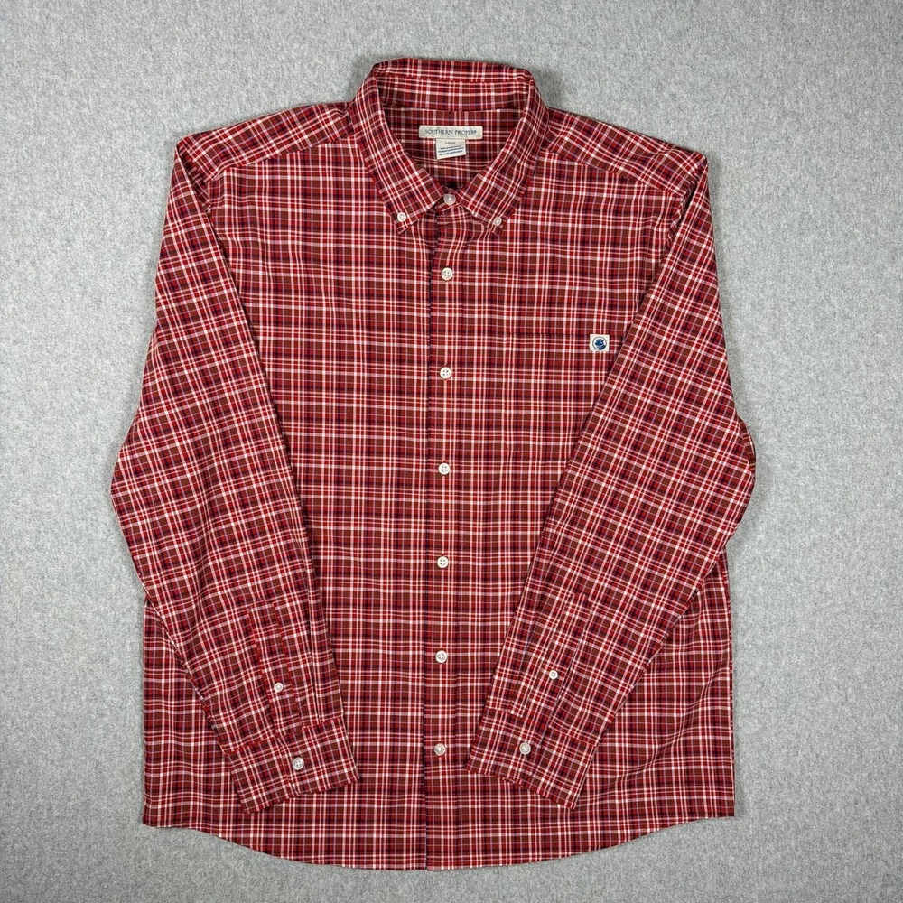 Southern Proper Mens Red Plaid Button Down Shirt Large Long Sleeve Stretch Logo